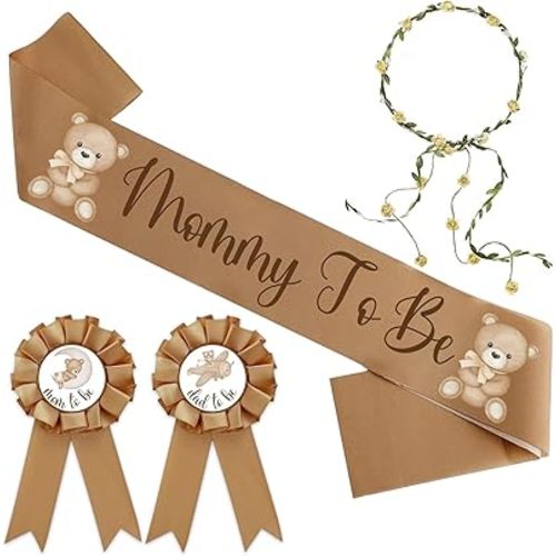 Bear Theme Mom to Be Sash for Baby Shower Decorations Dad to Be Pin and Flower Crown Headband Cute Satin Baby Shower Sash for Gender Reveals Party Favors Pregnancy Props Keepsake (Brown)