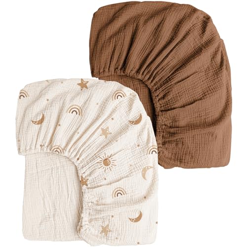 Konssy Muslin Crib Sheets for Girl Boy, 2 PCS Soft and Breathable Cotton Baby Sheets for Standard Crib Mattress, 52"x 28" (Sunbeam Yellow, Coffice)