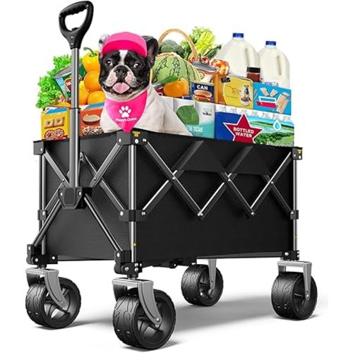 Beach Wagon,Collapsible Wagon 220lbs with Big Wheels FoldableWagon Carts,Portable Utility for Garden Grocery Sports Camping All Terrain-Black
