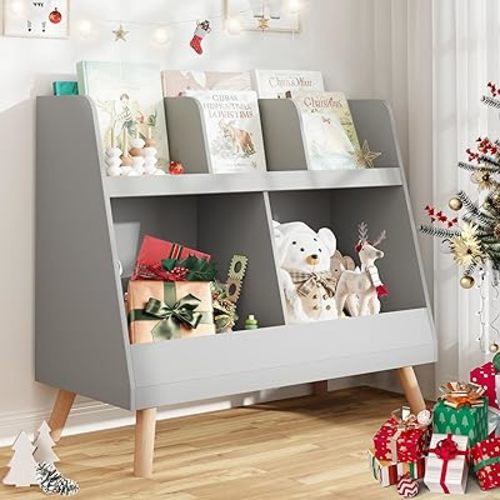 2-Tier Kids Bookshelf and Toy Organizer, Gray, 5 Cubbies, Modern Style, Wood, 32.4x12.5x27.3 inches, 32.5 pounds