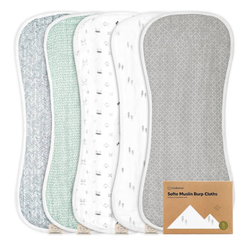 5-Pack Muslin Burp Cloths - Very Absorbent Baby Burp Cloth Rags, 8-Layers Viscose Derived from Bamboo Cotton Muslin Towel, Super Soft Spit Up Rags, No Shrink Washcloths (Nordic)