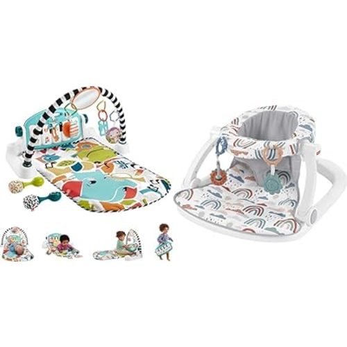 Fisher-Price Baby Gift Set Glow and Grow Kick & Play Piano Gym Baby Playmat & Musical Toy with Smart & Portable Baby Chair Sit-Me-Up Floor Seat with Developmental Toys & Machine Washable Sea