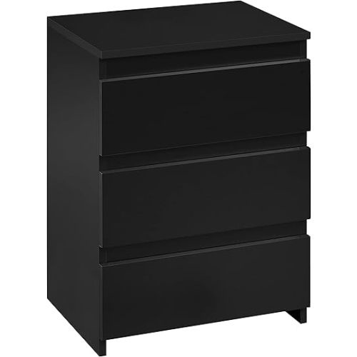Yaheetech Nightstand with Drawer, 3 Drawers Bedside Table with Sturdy Base, Wood Bedside Cupboard Accent Table with Storage Space for Bedroom, Easy Assembly, Black