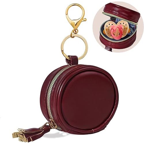Smlpuame Pacifier Holder Case with Clip,PU Leather Pacifier Charm pod with Clasp for Diaper Bag or Purse,Pacifier Pouch Hold 2 Pacifiers,Nipple Shield Case,Outdoor Travel Accessories(Burgundy)