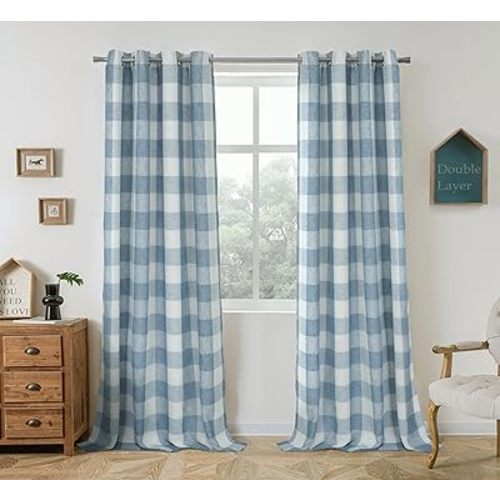 DriftAway Buffalo Plaid Blackout Curtains Linen Textured Farmhouse Double Layer Thermal Insulated Yarn Dyed Woven Checkered Gingham Grommet Drapes for Living Room 2 Panels Each 52W x 90L Dusty Blue
