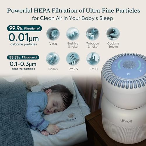 LEVOIT Air Purifier for Baby with White Noise Sound Machine and Blue-Light-Free Night Light in Home Bedroom, HEPA Filter with 5 Air Quality Monitor, Removes Ultrafine Particles, Smart WiFi, Sprout