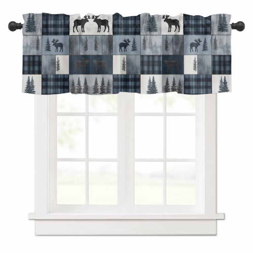 Bear Moose Valances for Windows Blue Retro Forest Wild Animal Buffalo Plaid Patchwork Rod Pocket Curtain Valance Window Treatment Short Curtains for Kitchen Living Room, 54"x18"