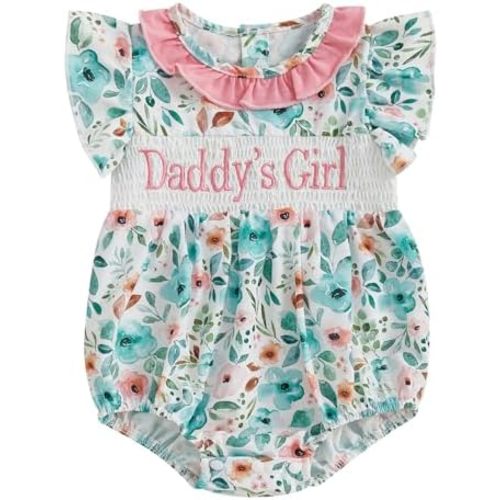 Kayotuas Baby Girl Summer Clothes Cute Smocked Bubble Romper Fly Sleeve Ruffled Doll Collar Letter Embroidery Bodysuit Dress