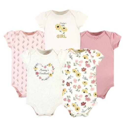 Hudson Baby Infant Girl Cotton Bodysuits, Soft Painted Floral 5-Pack, 0-3 Months