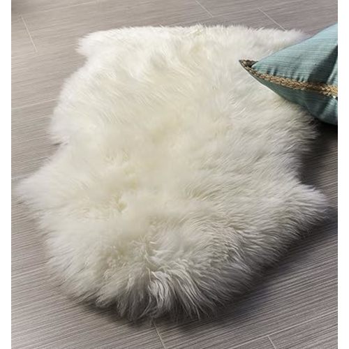 Premium Genuine Fur Sheepskin Rug - Real N.Z. 100% Sheepskin Natural Luxury Fluffy Lambskin Fur Area Rug - Seat Cover for Sofa Chair and Bedroom - 2' W x 3'L - Natural Creamy White Wool