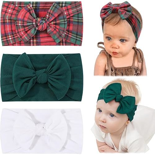jollybows 3PCS Baby Nylon Headbands Hairbands Hair Bow Elastics for Baby Girls Newborn Infant Toddlers Kids (10-White+Green+Plaid, 3 Count (Pack of 1))