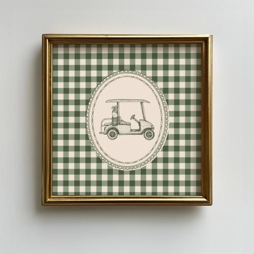 Golf Cart Green Gingham Print, Digital Downloadable Wall Art, Vintage Retro Nursery Baby Bedroom Playroom Golf Country Club Wall Art Decor