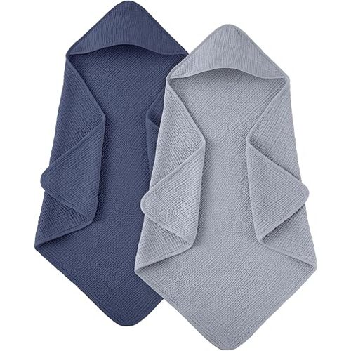 Susurration Hooded Baby Towels for Newborn 2 Pack 100% Muslin Cotton Towel for Babies,Highly Absorbent and Newborn Essential 30x30 Inch (Blue)