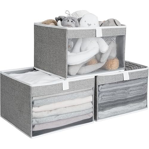 StorageWorks Closet Storage Bins, Large Storage Baskets with Clear Window and Handles, Foldable Fabric Organizer for Clothes, Shelves, Gray, 3 Pack