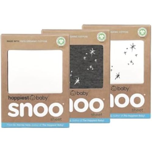 Happiest Baby SNOO Bassinet Fitted Sheet - 100% Organic Cotton Nursery Bedding - Fits SNOO Sleeper Crib Mattress - 3-Pack Bundle (White, Charcoal, Ivory Stars)
