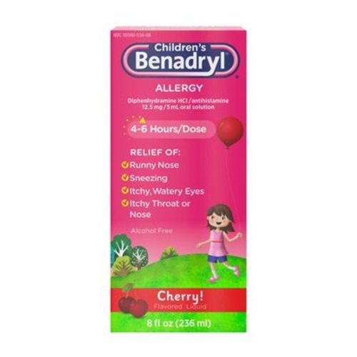 Children's Benadryl Diphenhydramine Allergy Relief Liquid - Cherry Flavor - 8 Fl Oz