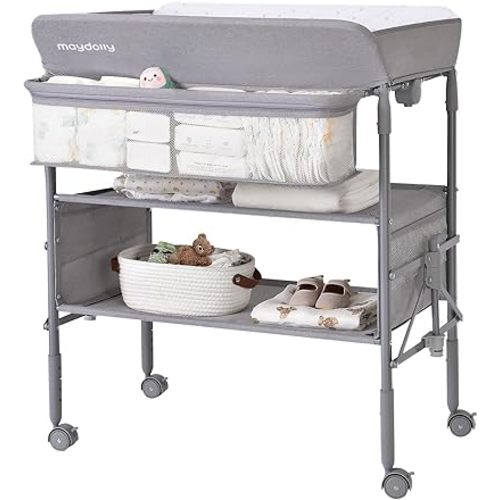 Baby Changing Table with Wheels, Maydolly Portable Foldable Changing Table, Waterproof Diaper Changing Station, Adjustable Height Changing Station, Mobile Nursery for Newborn and Infant (Grey)