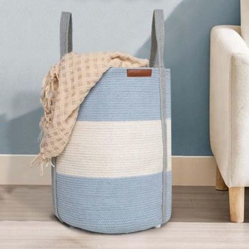Folkulture Cotton Rope Laundry Basket 20 x 15 Inch - Blue Gray