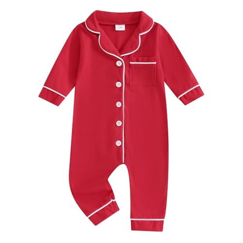 Baby Girl Boy Pajamas Romper Button-Up One-Piece Pajamas Onesie Footie Red Christmas Pjs Newborn Hospital Clothes