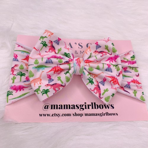 PINK DINOSAUR Printed Hair Bows. Headwrap, Bow on Nylon, Clips or Piggies. Shredded or Classic Style. Newborn. Baby Girl. Preemie. Toddlers.