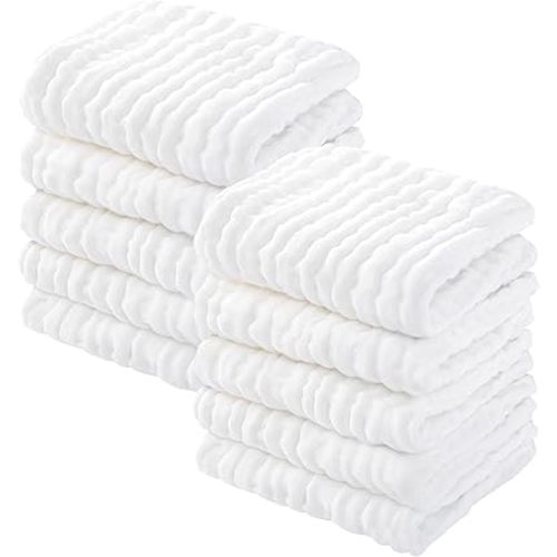 Yoofoss Muslin Baby Washcloths 100% Cotton Face Towels 10 Pack Wash Cloths for Baby 12x12in Soft and Absorbent Baby Wipes (White)