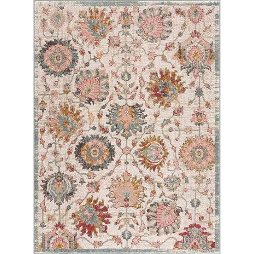 Twilight Boho Vintage Colorful Area Rug - Farmhouse Traditional Floral Rug for Living Room, Bedroom - Cream, Green, Sage, Red, Gray, Taupe, Dusty Pink - 7'10" x 10'2" (8x10)