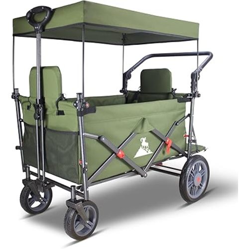 Collapsible Foldable Wagon Cart with Quick-Release Wheels & 2 Seats - Heavy-Duty Utility Wagon 265LBS Capacity for Camping, Garden, Shopping (Green)