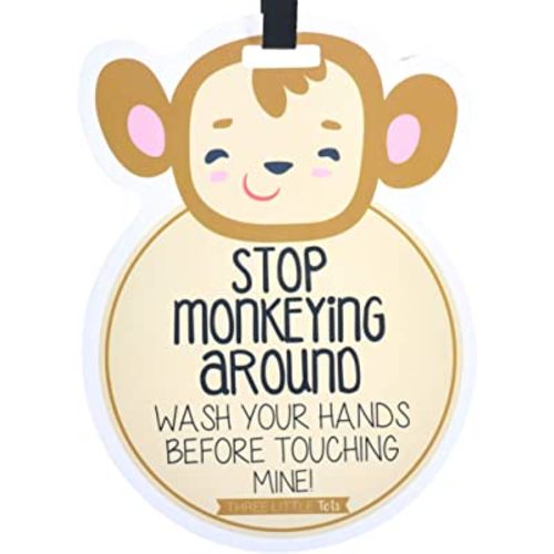 THREE LITTLE TOTS – Animal Theme No Touching Baby Car Seat Sign or Stroller Tag - CPSIA Safety Tested (Monkey)