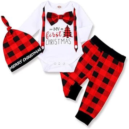 Infant Baby Boy Christmas Outfit My First Christmas Gentleman Romper Red Plaid Pants with Hat Clothes Sets