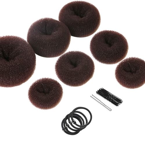 Donut Hair Bun Maker 7 Pieces, Teenitor Ring Style Bun Maker Set with (1 extra-large, 2 large, 2 medium and 2 small), 5 pieces Hair Elastic Bands, 20 pieces Hair Pins, Dark Brown - A-Brown