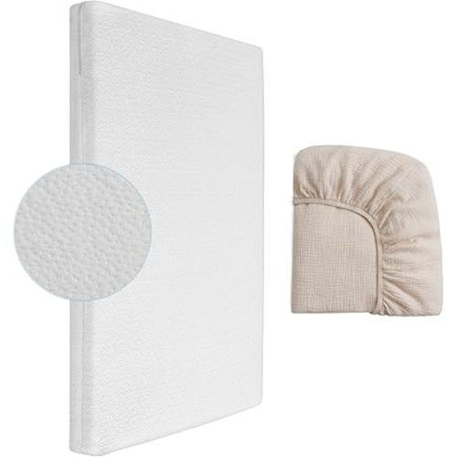 Mini Crib Mattress, 2-Stage Dual Firmness with High Density Support Foam and Cooling Gel Memory Form, 38 x 24inch Mini Mattress for Crib with Beige Muslin Sheet for Replacement, White