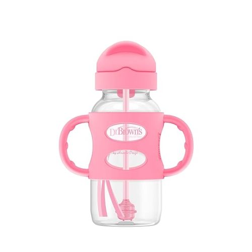 Dr. Brown's Milestones Wide-Neck Sippy Straw Bottle with 100% Silicone Handles and Weighted Straw, 9 oz/270 mL, Pink, 6m+