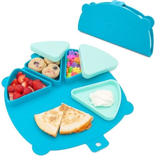 Silicone On-The-Go Snack Mat – Foldable Reusable Placemat with 3 Compartments and Lids – Travel-Friendly Baby and Toddler Snack Plate – Dishwasher Safe (Ocean)