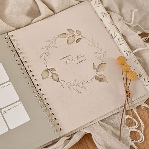 Peachly Unisex Baby Memory Book | Minimalist First Year Keepsake for Milestones | Simple Scrapbook Baby Books for Boy or Girl | 60 Pages Natural Linen - Olive