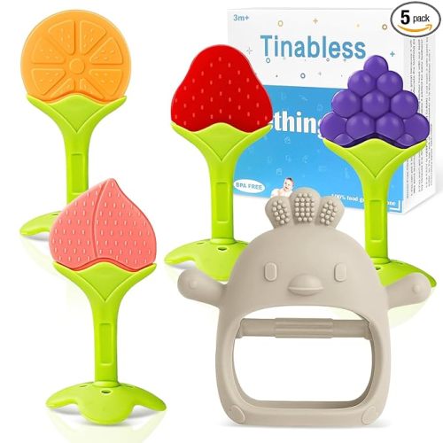 Baby Teething Toys 5 Pack, Silicone Teething Mitten & Hand Teethers for Babies 3+ Months, BPA-Free Food Grade Silicone Chew Toys, Anti-Drop, Freezer Safe, Caramel