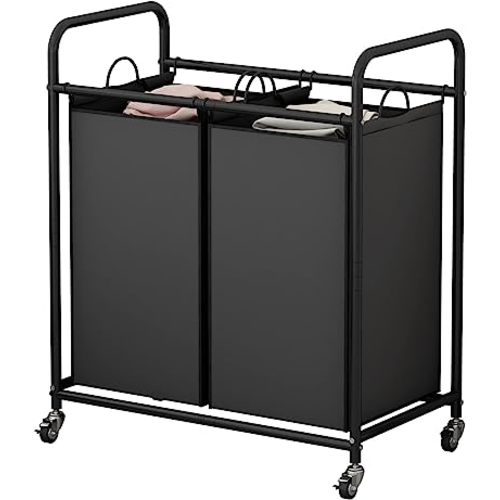 Laundry Sorter Basket 2 Bag Laundry Hamper Cart with Rolling Lockable Wheels and Removable Bags Laundry Organizer Cart for Clothes Storage, Black
