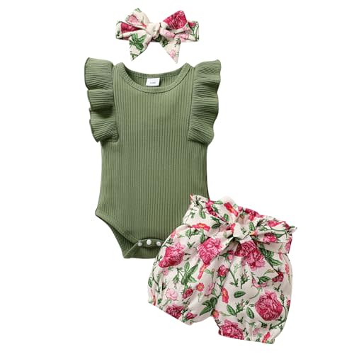 Tiny Cutey Baby Girl Clothes Infant Summer Outfits Set Ruffle Sleeve Romper and Floral Shorts with Headband