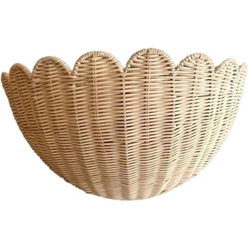 Wicker Hanging Basket, Rustic Scalloped Wall Hanging Woven Basket for Fruit/Vegetable/Plant/Toiletries in Kitchen/Bathroom/Living Room/14x6x8 Inch