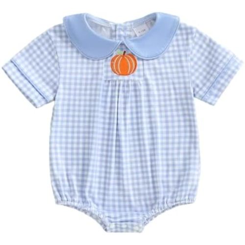 Newborn Baby Boy Girl Halloween Outfit Pumpkin Plaid Bubble Romper Short Sleeve Peter Pan Collar Bodysuit Clothes