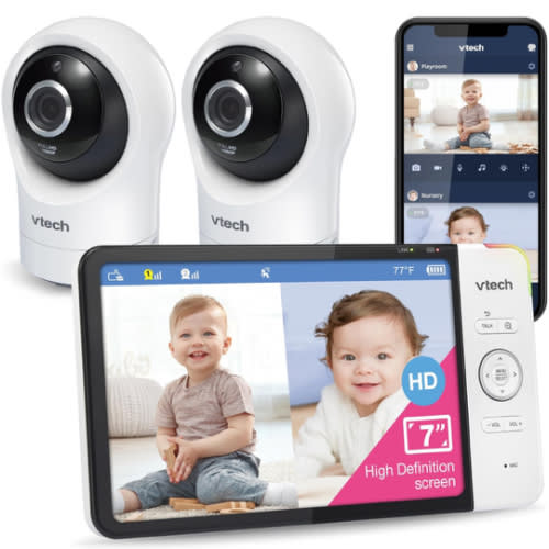 VTech RM7764-2HD Smart WiFi 2 Camera BabyMonitor, 360° Pan&Tilt, 10X Zoom, 7” HD Display & NightVision, Soothing Sounds, 2-Way Talk, Temperature & Motion Detection