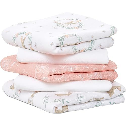 aden + anais Essentials Musy Squares 5 Pack - Soft, Absorbent 100% Cotton Muslin Baby Cloths (23.5"x23.5"), Perfect for Spills, Drool & On-The-Go Cleanups, A Diaper Bag Essential, Blushing Bunnies
