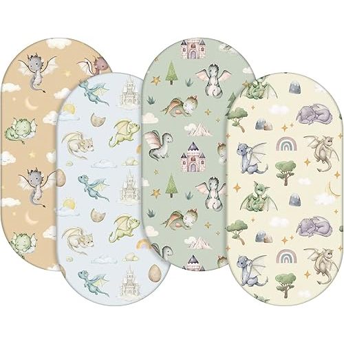 VitalCozy 4 Pcs Watercolor Dragon Bassinet Sheets 32 x 16 x 3 Inches Dragon Sheets for Standard Bed Toddler Mattresses Soft Breathable Cute Watercolor Print Newborn Bedding for Girl Boys