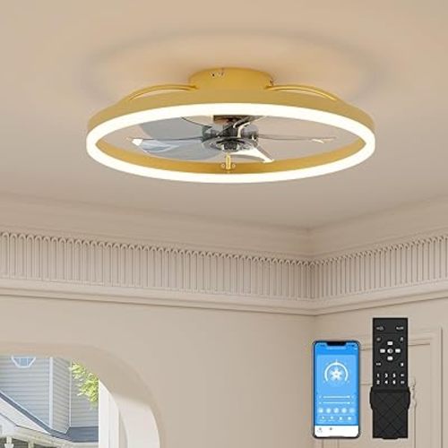 VOLISUN Low Profile Ceiling Fans with Light and Remote,19.7in Modern Bladeless Ceiling Fan with Lights,3000K-6500K Dimmable Flush Mount LED Fan Light,Gold Fandelier Ceiling Fans for Bedroom