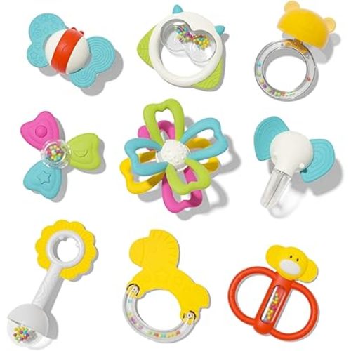 Baby Toys - 9pcs Silicone Baby Teething Toys Teethers Rattles for Babies 0-6 Months, Baby Chew Toys BPA-Free, Infant Toys 0-3-6-12 Months Old, Newborn Teether Toys Gift for Baby Boys & Girls (Bag)
