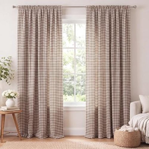 Tranqun 2 Panels Buffalo Check Curtains Brown and White Plaid Rustic Window Curtains Cotton Linen Blend Light Filtering Farmhouse Semi Sheer Rod Pocket Drapes, 39 x 84 Inches