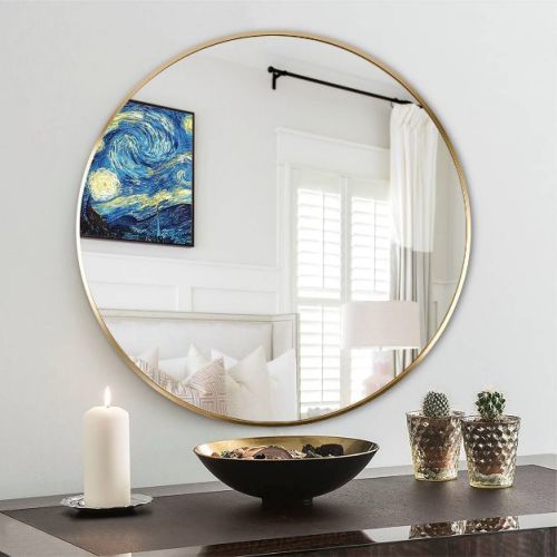 30" Modern Brushed Gold Round Wall Mirror, Metal Circle Decorative Accent Mirror for Living Room, Bathroom, Fireplace - Panipeachy