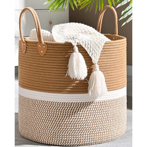 KAKAMAY Large Blanket Basket (18"x18"x16"),Woven Baby Laundry Hamper for Storage, Cotton Rope Blankets Baskets for Nursery, Laundry, Living Room, Pillows, Baby Toy chest with Handles (Brown)