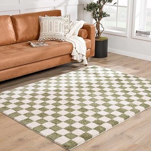 Hauteloom Canika Modern Checkered High Pile Area Rug - Contemporary Geometric Carpet for Living Room, Bedroom - Machine Washable Area Rug - Off-White, Dark Green - 5'3" x 7'