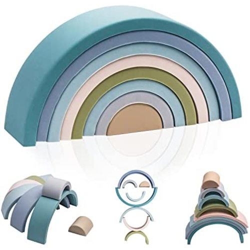 TOYHDAYO Rainbow Stacker 8PC Early Childhood Montessori Toys Nesting Puzzle Building Blocks Silicone Stacking Toys Educational Toys, Blue Series