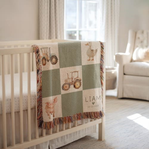 Personalized Farm Theme Baby Blanket Farm Truck Woven Blanket Custom Baby Boy Name Blanket Baby Shower Gift Truck-themed Nursery Woven Throw